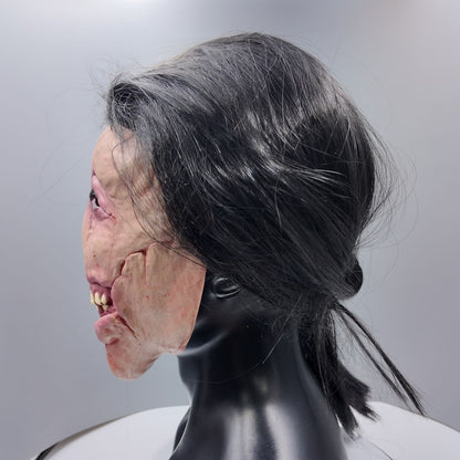 Scary Female Ghost Mask Long Hair Latex Mask Full Face Creepy Smile Halloween Cosplay Horror Party Haunted House Prop