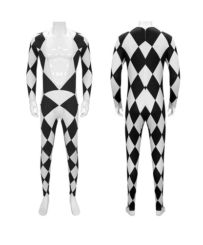 Freddie Mercury - Queen Harlequin Cosplay Costume Unitard Black and White Diamond Bodysuit with attached feet for Men