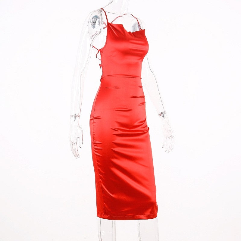 Neon Satin Lace Up Women's Long Midi Dress Light Pink Bodycon Backless Elegant P