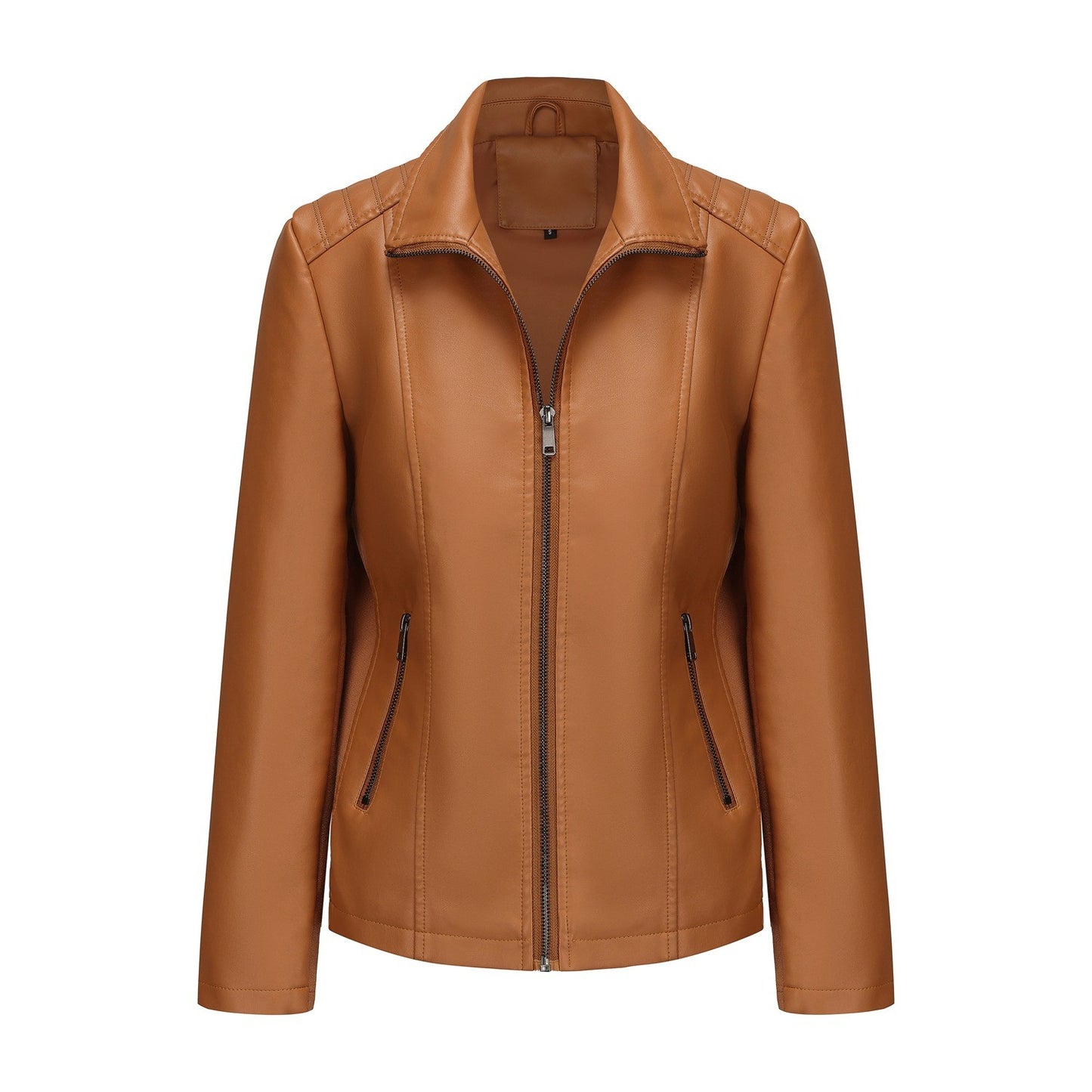 2025 Women’s Stylish Brown Faux Leather Jacket - Slim Fit, Trendy Moto Style with Zipper Detail PU Coat.