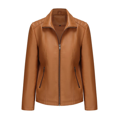 2025 Women’s Stylish Brown Faux Leather Jacket - Slim Fit, Trendy Moto Style with Zipper Detail PU Coat.