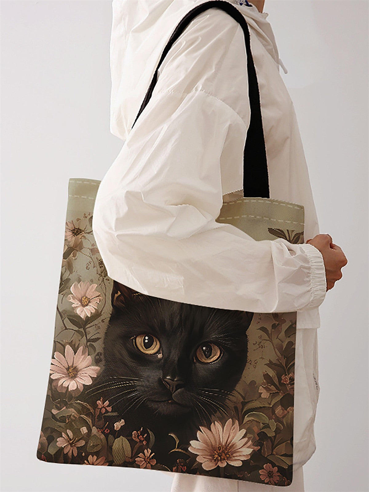 Black cat pattern printed casual handbag, reusable fashionable backpack, multifunctional handbag, canvas shopping bag