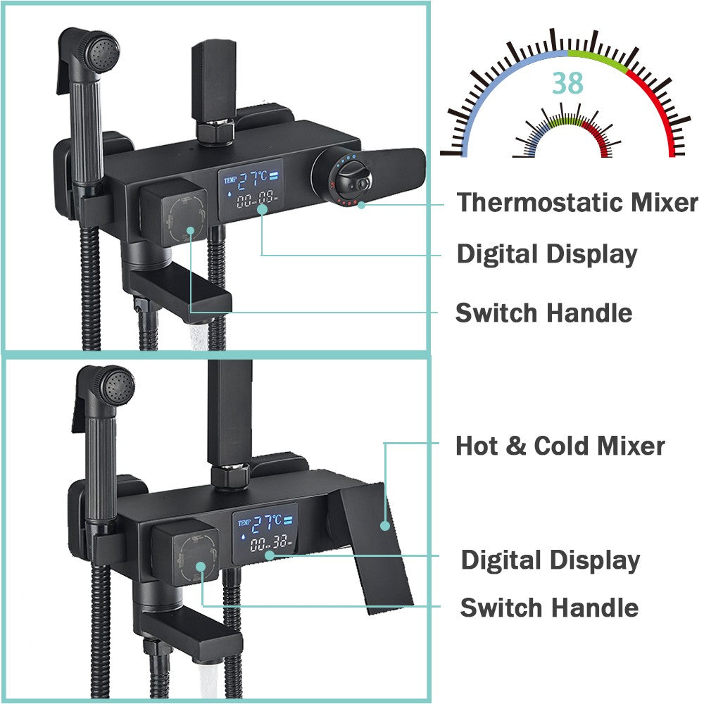 Black Digital Display Thermostatic Shower Faucet Bathroom Thermostatic 4 ways Rainfall Shower Mixer Tap,Shelf and Bidet Faucets