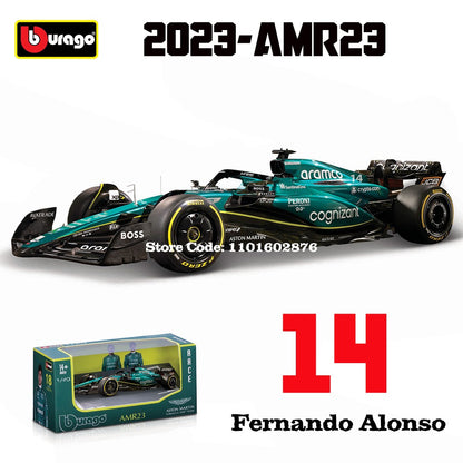 Bburago 1:43 F1 Aston Martin Aramco F1 Team AMR23 2023 #14 Alonso #18 Stroll Carro de Liga Metálica Modelo Fundido Colecionável