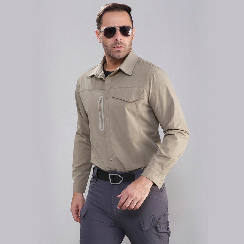 Stretch Men's Shirt Multiple Pockets Quick Drying Shirts High Quality Male Elastic Tooling Shirt Men Clothing Casual Shirts AF54