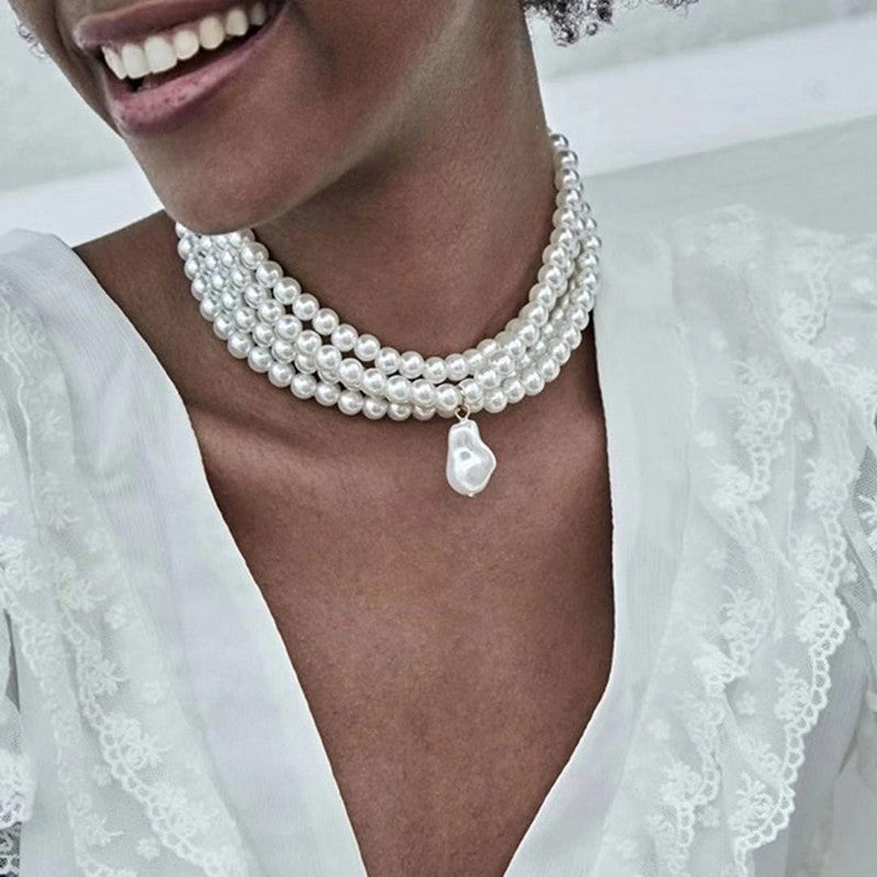 Colar Choker Clássico Camadas Fio Pérolas Redondas para Mulheres, Pingente de Pérola Barroca Irregular, Presente de Casamento