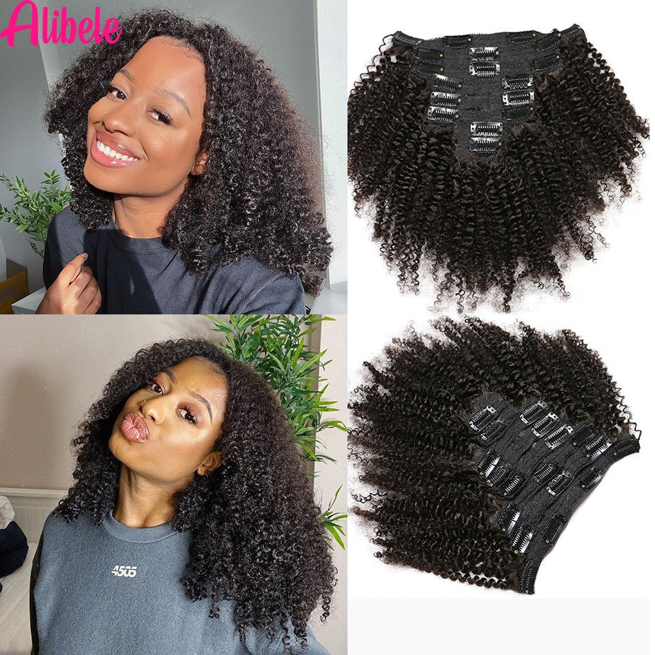Alibele 4B 4C Afro Kinky Culy Clips In Human Hair Extensions Cabelo Remy Brasileiro com Clipes de 120g, 8 Peças/Conjunto, 25-71 cm para Mulheres