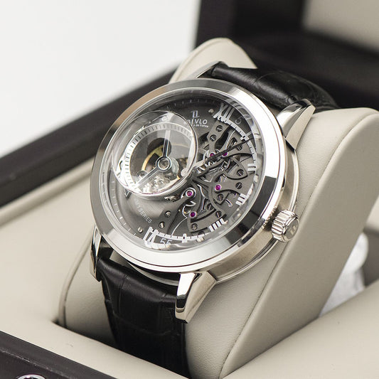 OBLVLO Luxury Retro Casual Men Skeleton Automatic Watches Mechanical Calfskin Strap Mineral Crystal Glass Waterproof Dial 45 VM