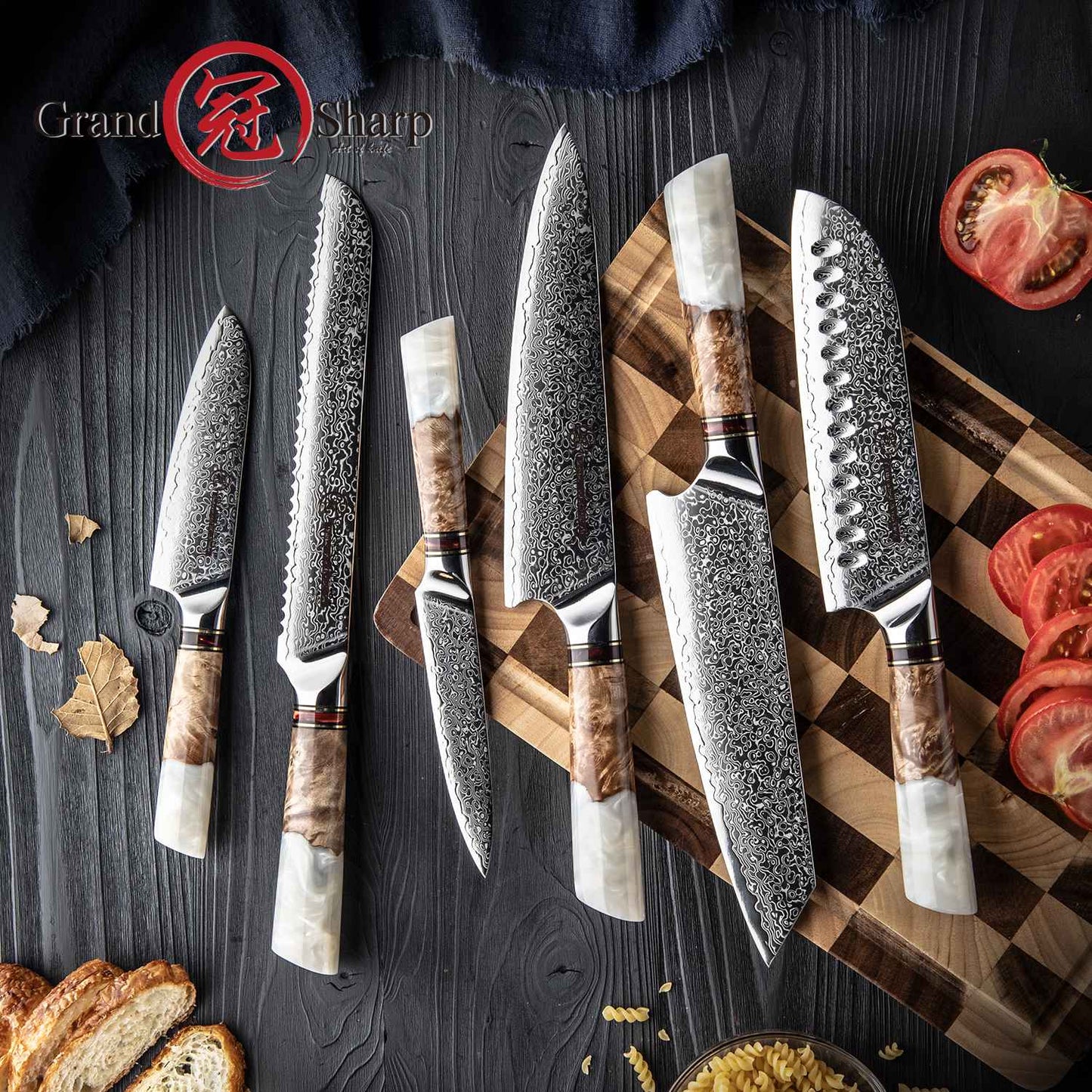 Grandsharp 1-6Pcs Kitchen Knife Set 67 Layer Damascus Steel Solidified Wood Handle Chef Utility Paring Knife with Gift Box