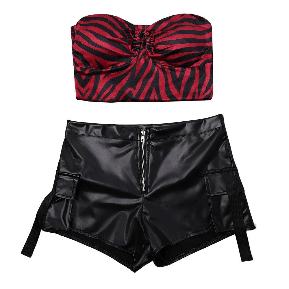 Obsession Nikki Costume Cosplay Outfit Zebra Halter Top Faux Leather Cargo Shorts Punk Streetwear Halloween Carnival Disguise