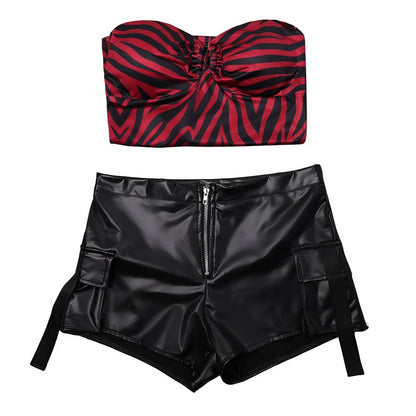 Obsession Nikki Costume Cosplay Outfit Zebra Halter Top Faux Leather Cargo Shorts Punk Streetwear Halloween Carnival Disguise