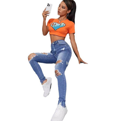 Washed Ripped Skinny Jeans Women's Spring and Fall New Fashion Street High-waisted Jeans Casual Small Leg Pants Pencil Pants