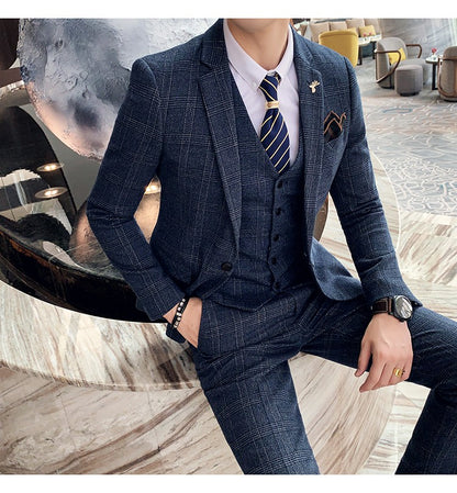 Men's High-quality Plus Size 5XL-M 3-piece Suit (suit+vest+pants) Business Fashion Plaid Suit Groom's Wedding Banquet Set