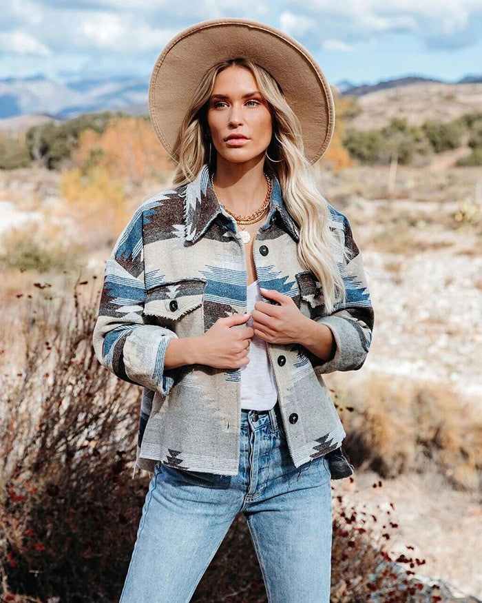 Vintage Jacket Women Splicing Loose Jacket Denim Print Aztec Retro Ethnic Style Long Sleeved Shirt Streetwear Female Goth Coat