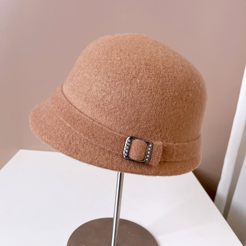 Chapéu de Lã Japonês Feminino Outono Inverno Quente de Tricô Fivela de Diamante Fita Chapéu de Pescador Chapéu de Bacia Pequena Frente e Verso