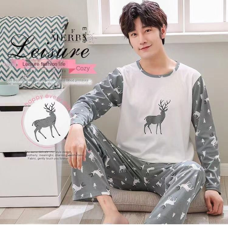 2Pcs/set men's pajamas set of large size long-sleeved long trousers autumn and winter students home clothing round neck autumn m