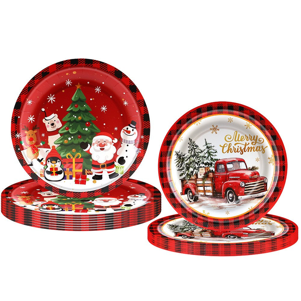 Christmas Theme Party Tableware Red Plaid Christmas Car Disposable Tableware Set Paper Plate Party Decoration Supplies