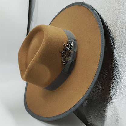 Chapéu Fedora Pintado à Mão Masculino e Feminino Chapéu Panamá Moda Primavera Outono com Pena Envolta Chapéu Fedora de Lã com Aba Grande