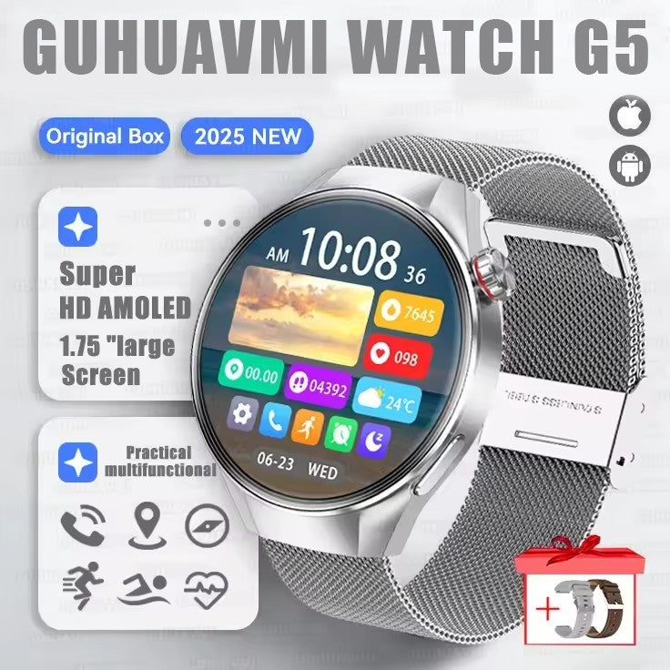 Smartwatch 2025 Original G5 Plus, Tela AMOLED HD de 1,75", Rastreamento GPS, Frequência Cardíaca, Chamada Bluetooth, Bússola para Homens