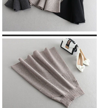 Autumn Winter Women's Mid-Length Knitted Pleated Skirt High Waist A-Line Long Skirt Loose Fuzzy Wool Skirt Double ket