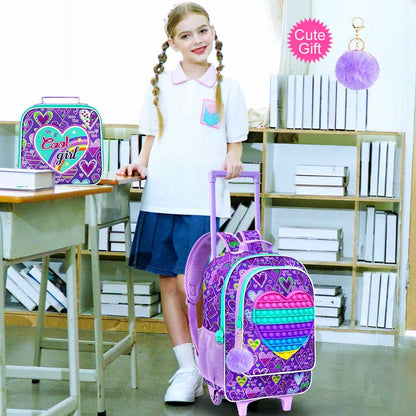 Mochila de Rodinha 3 Peças para Meninas, Mochila Escolar com Rodas para Crianças, Mochila Escolar com Lancheira - Roxo
