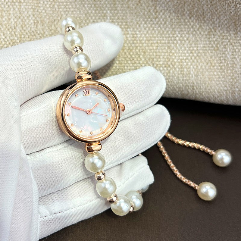 French Romantic Pearl Pull Cord Handheld Watch Elegant Small Fashion Bracelet Quartz Wristwatch Stylish Portable Timepiece