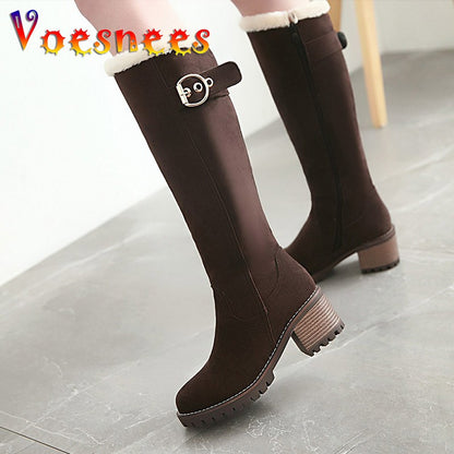 Women's Winter Warm Long Boots 2022 New Fashion Flock Knee-High Boots Exquisit College Style Plush Thick Soled Zip Female Shoes