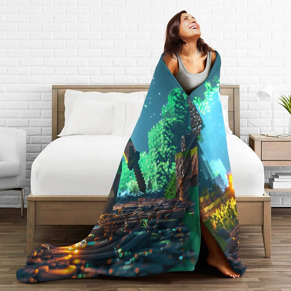 Cartoon Mines Pixel Game Crafts Flannel Blanket Super Warm Throw Blanket for Home Decor Decorative Street Trend Bedspread