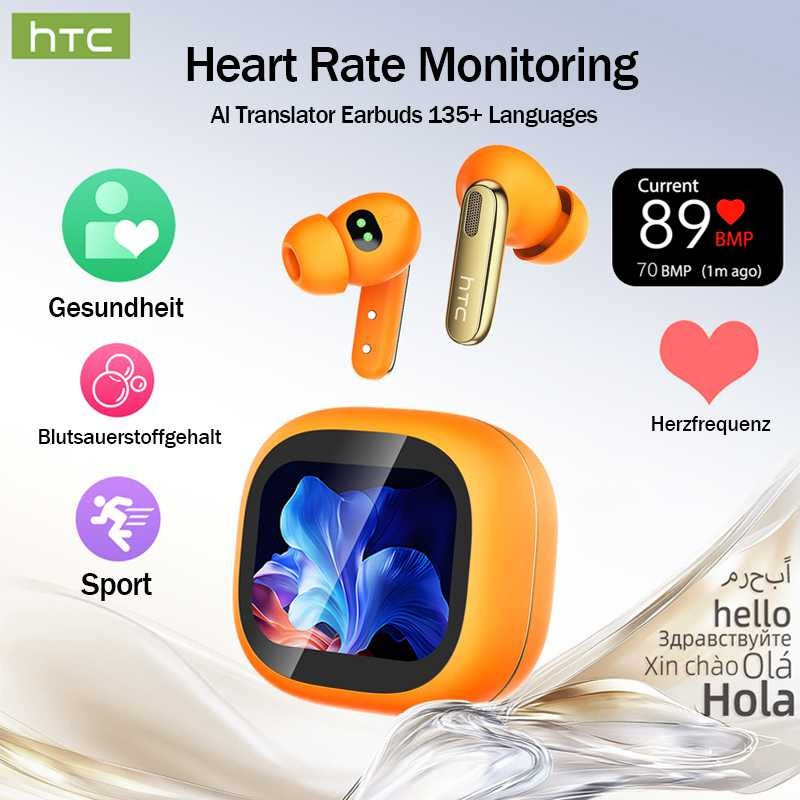 Bluetooth Headphones HTC Wireless Earphones Full HD LCD Display Earpiece Noise Canceling Earbuds Comfortable for Music Sport