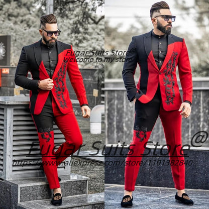 Fashion Customized Red Black Men Suits Splicing Color Appliques Male Prom Blazers 2 Pieces Sets Luxuly Groom Tuxedos Ropa Hombre