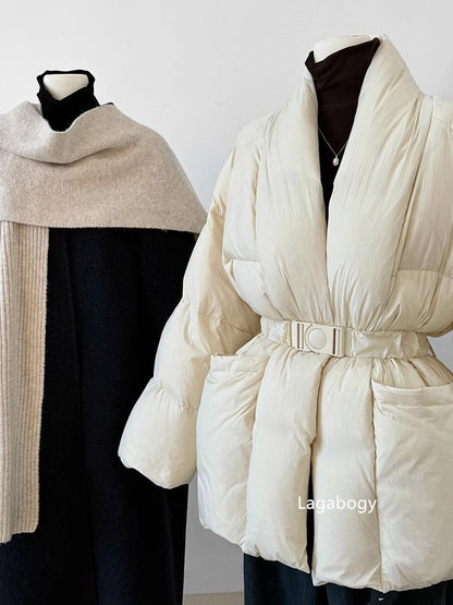 Lagabogy 2025 Winter Belt Waist-Tight Elegant Warm 90% White Duck Down Jacket Female Long Sleeve Solid Color V-neck Puffer Coat