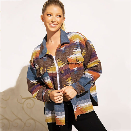 Vintage Jacket Women Splicing Loose Jacket Denim Print Aztec Retro Ethnic Style Long Sleeved Shirt Streetwear Female Goth Coat