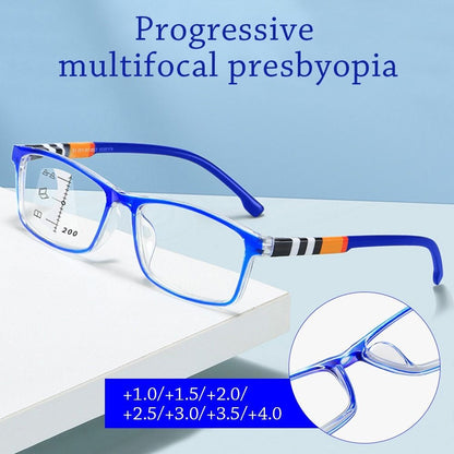 Óculos de Leitura Multifocais Antiluz Azul Progressivos de Perto e Longe, Bloqueadores de Raios Azuis, Óculos Quadrados para Proteção Ocular Ultraleves
