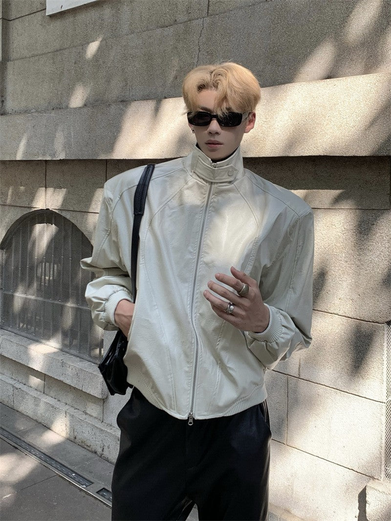 Stand Up Collar Design PU Leather Jacket Men's Retro Shoulder Pad Motorcycle Short Jacket Top