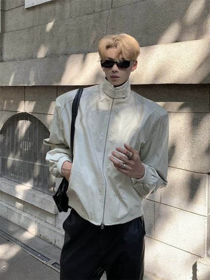 Stand Up Collar Design PU Leather Jacket Men's Retro Shoulder Pad Motorcycle Short Jacket Top