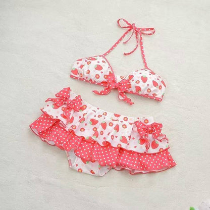 Japanese Style Kawaii Girls Swimsuit Sweet Printed Halter Bikini Swimsuit Women Ruffle Bikini Set Bather Bathing Suit Swim
