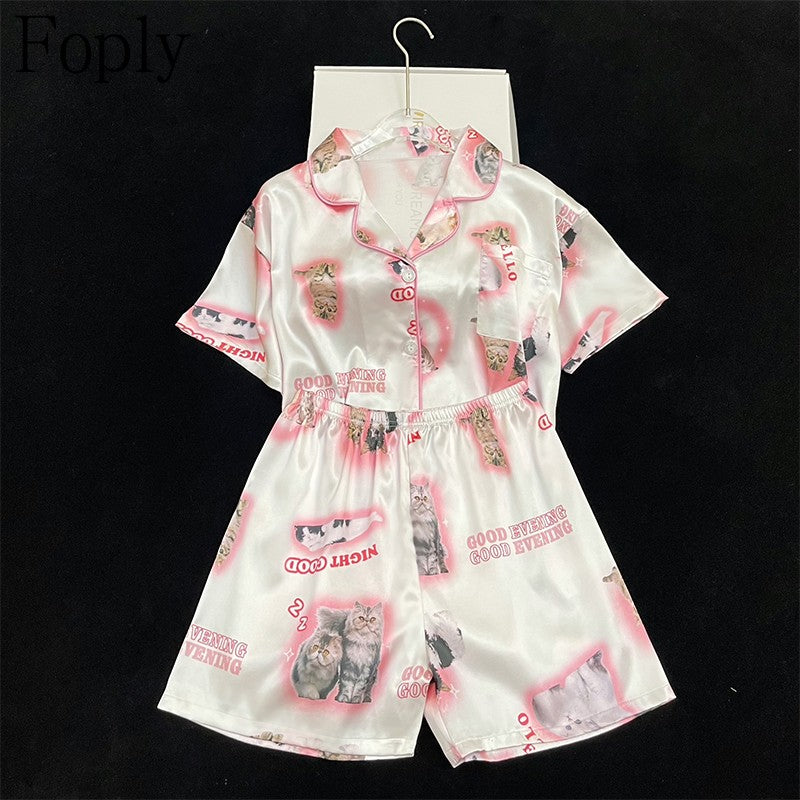 Pyjama Summer New Ladies Sweet Satin Silk Floral Printed Pajamas Set Short Sleeve+Pants Women Ice Silk Cute Homewear Casual Wear
