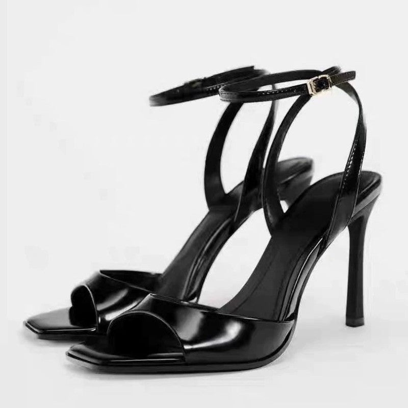Gold Patent Leather Ankle Buckle High Heeled Sandals Women Sexy Square Toe Open Toe High Heels Summer Fashion Party Office Shoes
