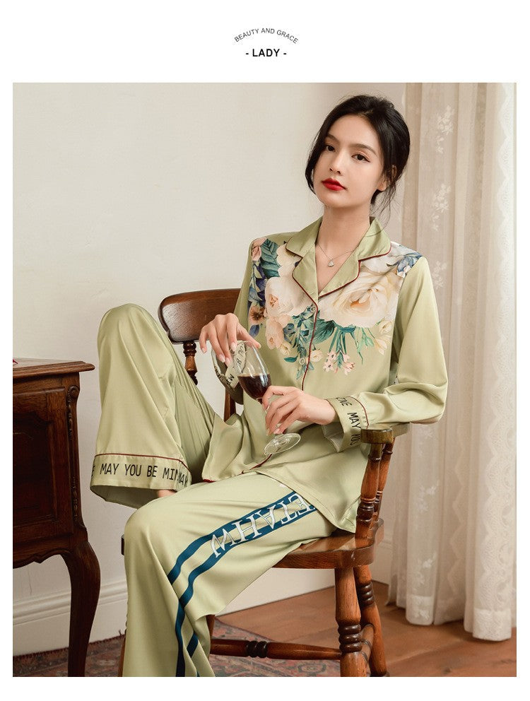 Lightweight Long-Sleeve Silk Pajamas Set for Young Girls French-Style Casual Homewear Nightwear Women's Comfortable Sleepwear