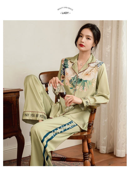 Lightweight Long-Sleeve Silk Pajamas Set for Young Girls French-Style Casual Homewear Nightwear Women's Comfortable Sleepwear