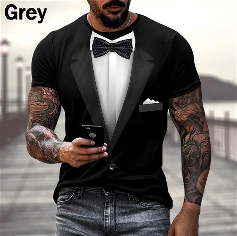 Mens Summer Fashion 3D Printed T-shirts Funny Fake Suit Cosplay Short Sleeve Cas