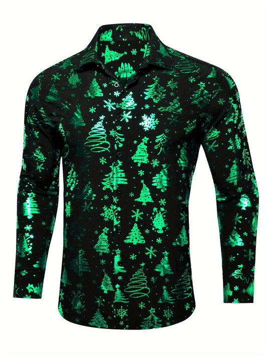 Christmas Theme Men's Golden Christmas Tree 3D Printed Formal Shirts Christmas Graphic Long Sleeve Shirt Fashion Men's Shirts