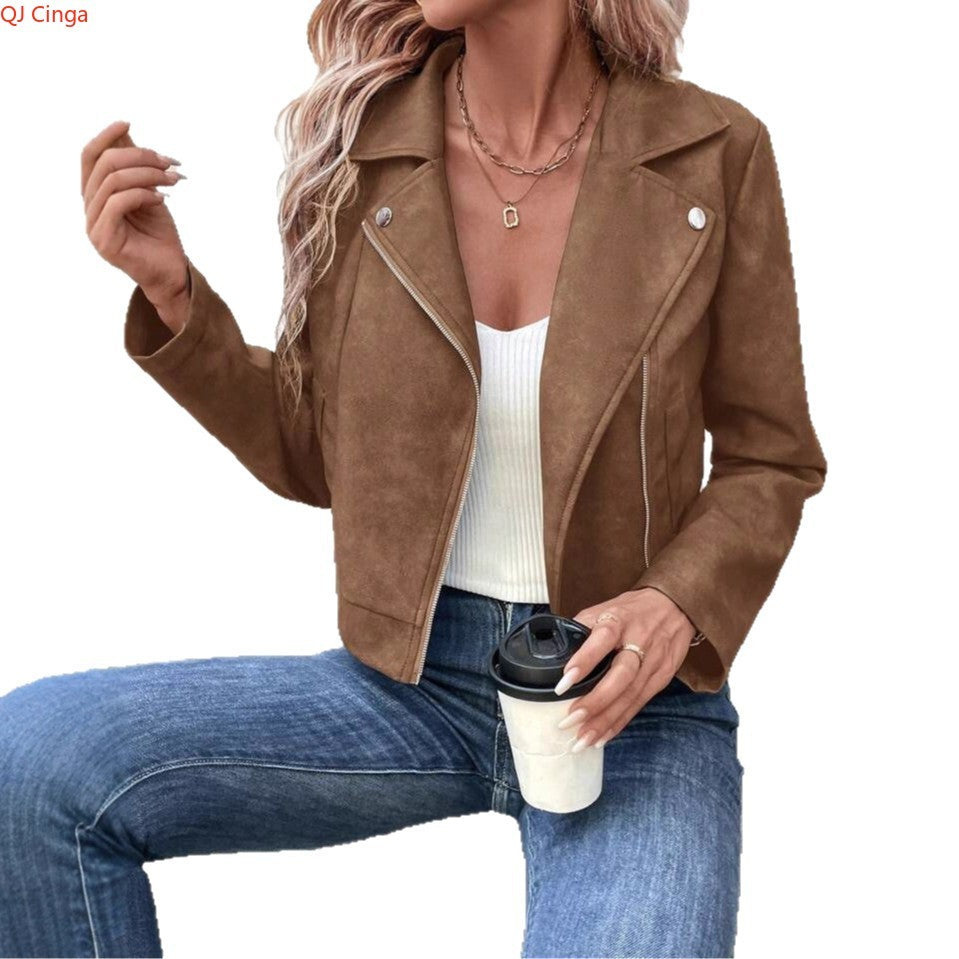 New Autumn Rose Red Women's Short Jacket, Zipper Closure, Lapel Collar, Fashionable Casual Coat.