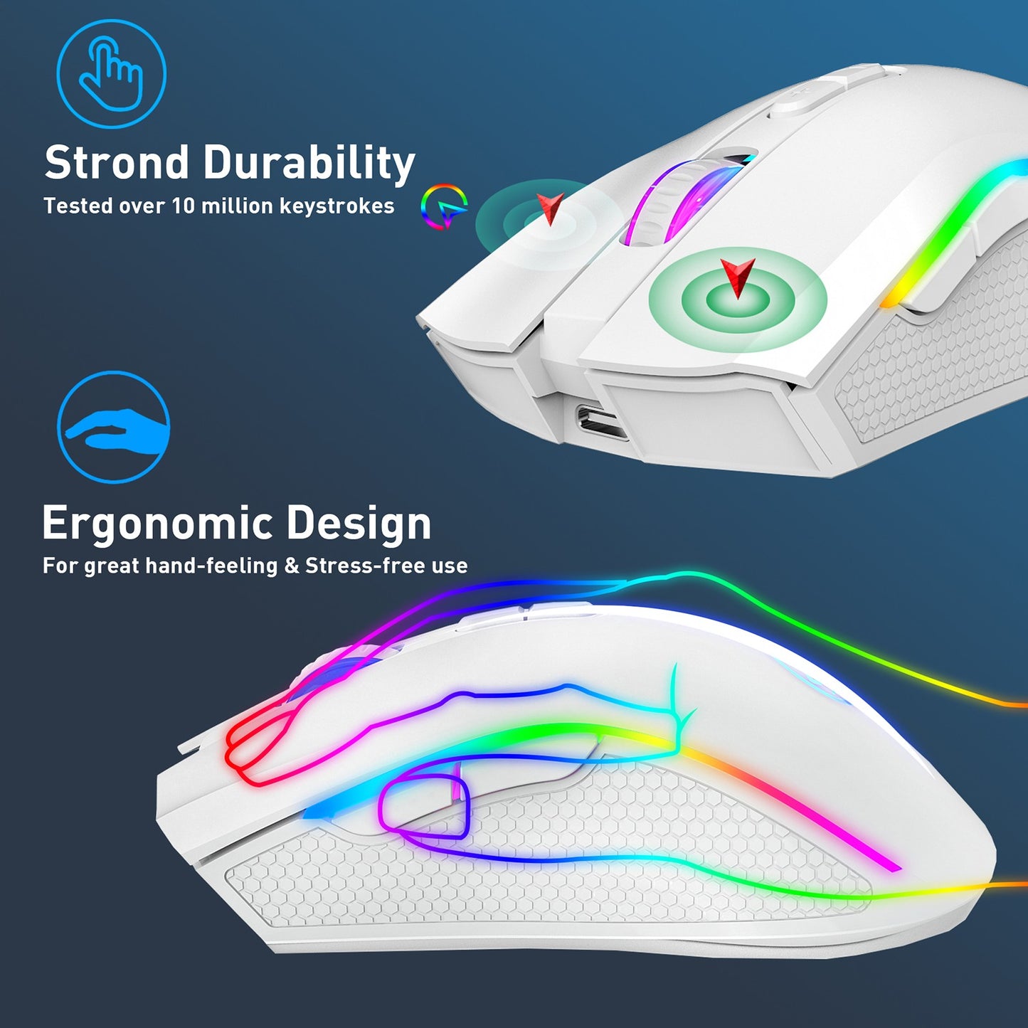 Mouse Mecânico Sem Fio RGB HXSJ T69 2.4G Mouse Gamer Ergonômico com 7 Botões Programáveis 4800DPI para Escritório e Jogos
