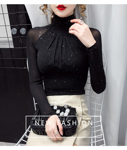 Korean fashion Women Mesh top High neck Sexy Black bottoming t shirt Casual Bright silk Lady shirt Blusa