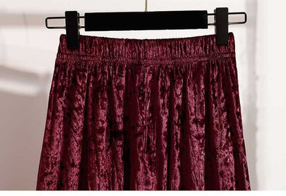 Plus Size Plus Size Women's Velvet Pleated A- Line Midi Skirt Autumn Winter Slimming Half-length Versatile Fashionable Commut...