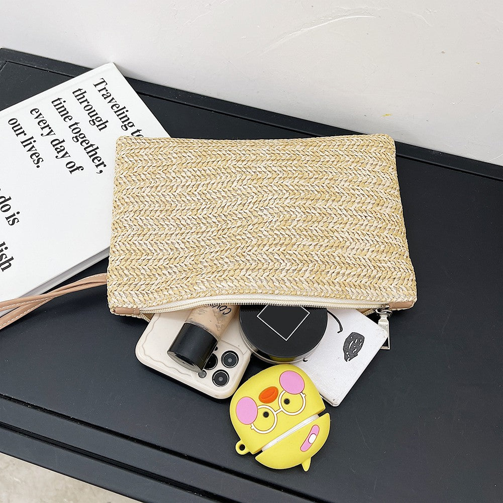 Fashion Women Bohemian Woven Clutch Wristlet Bag Casual Ladies Beach Summer Solid Color Small Handbags Purse White Beige Gifts