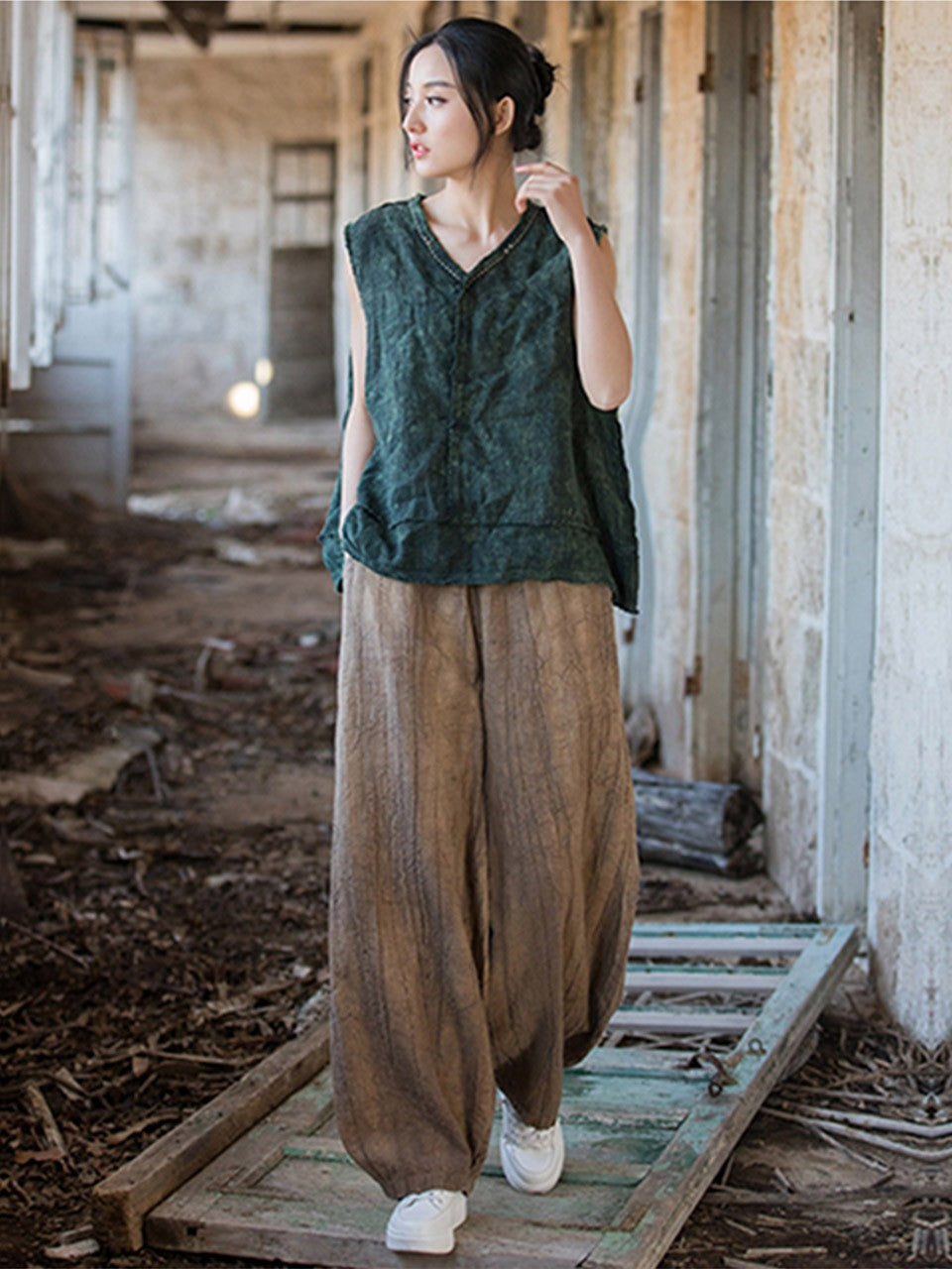 Elegant Women's Cotton Linen Baggy Cargo Pants Vintage Elastic Waist Yoga Trousers Loose Casual Long Wide Leg Oversize Clothes