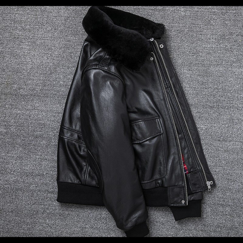 Air Force Flight Jacket Fur Collar Genuine Top Layer Cow Leather Jacket Men Black Brown Cow Coat Men's Winter Jacket ?? ??