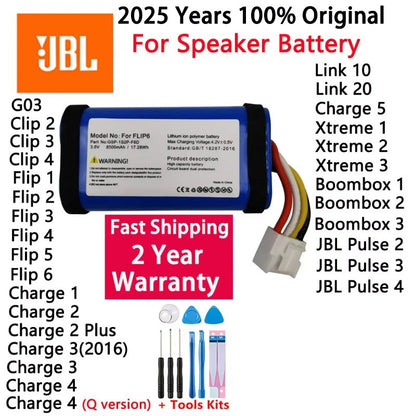 Bateria Original Recarregável 2025 Anos para Caixa de Som JBL Link 10 20 Clip Charge Boombox Pulse Xtreme Flip 1 2 3 4 5 6 Bateria